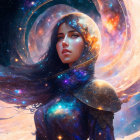 Digital artwork: Woman with cosmic-themed cloak and crescent moon on starry night sky background