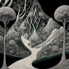 Monochrome artwork of stylized forest with intricate tree patterns