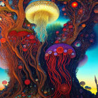 Colorful Tree Illustration with Jellyfish Mushrooms and Cosmic Elements