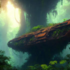 Abandoned spaceship in misty jungle with sunlight filtering through foliage