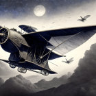 Monochromatic vintage biplane in cloudy sky with moon