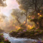 Enchanted forest with stream, lanterns, flowers, mist: a serene, magical scene