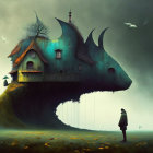 Surreal landscape with floating islands, whimsical houses, lone tree, and two people in fog