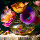 Colorful Flowers in Golden Vase with Butterfly and Fruit on Draped Cloth