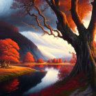 Colorful landscape with red tree by river and mountains