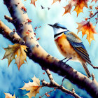 Colorful birds on autumn branches with blue sky