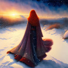 Red-haired figure in cloak in snowy sunset scene