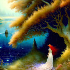 Fantasy landscape with luminous trees, river, boat, and ethereal figures