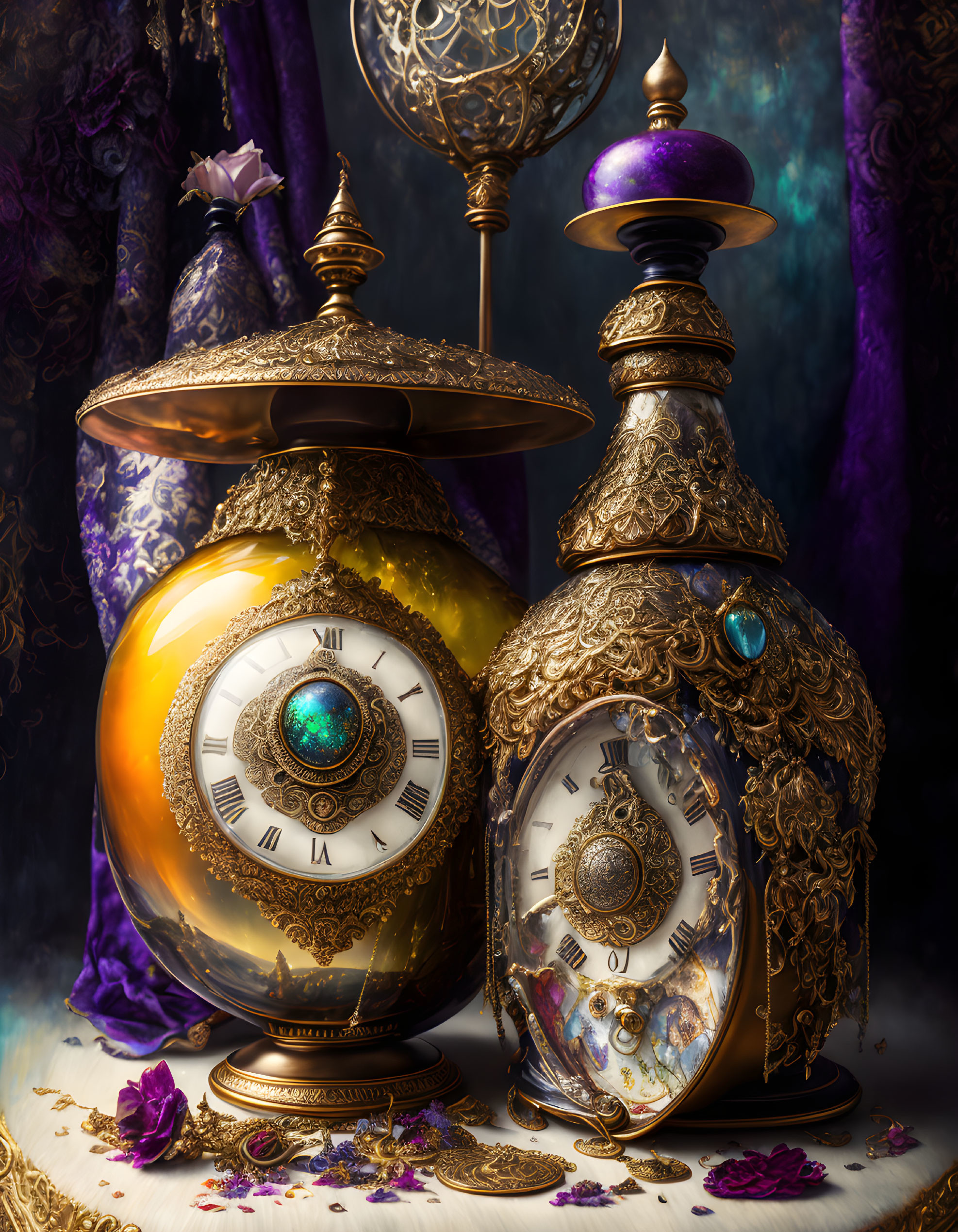 Ornate clock with gemstones and decorative vessels on textured backdrop