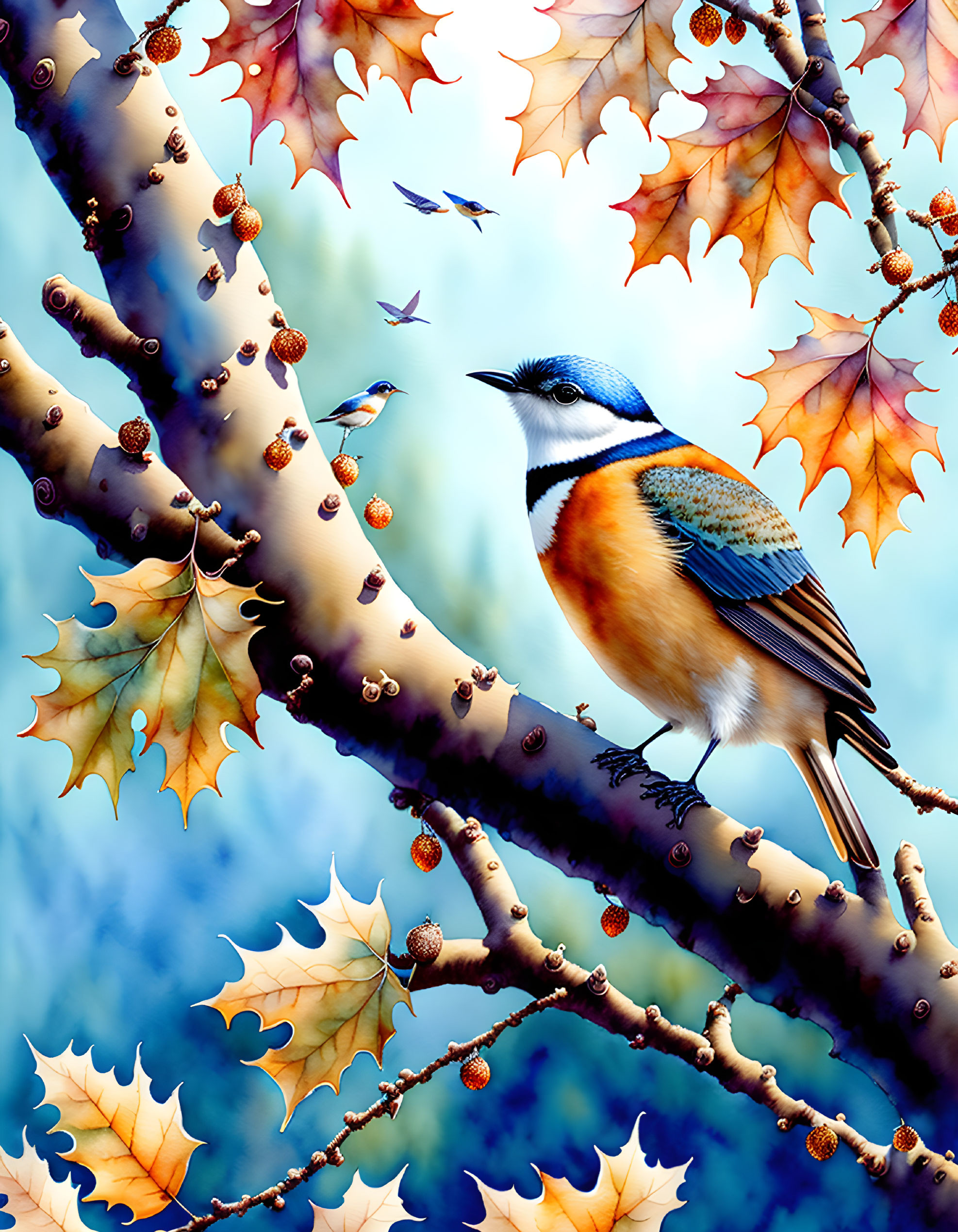 Colorful birds on autumn branches with blue sky