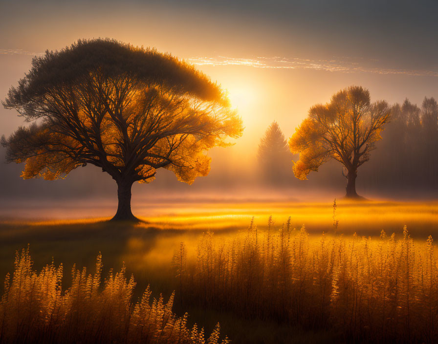 Solitary trees in misty golden-lit field at sunrise