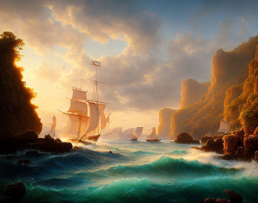 Sunlit rocky coastal passage for tall ships under warm golden sunset