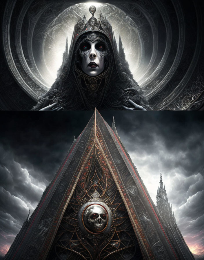 Mystical dark image with figure and pyramid scene