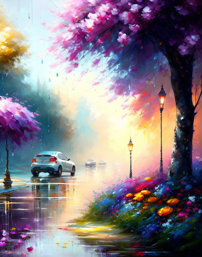 Colorful Rain-Soaked Street with Blooming Trees and Car