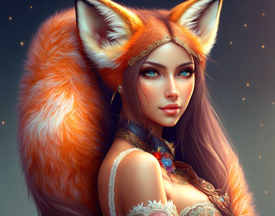 Digital artwork: Woman with fox ears, ornate attire, and tail on dark sparkly background