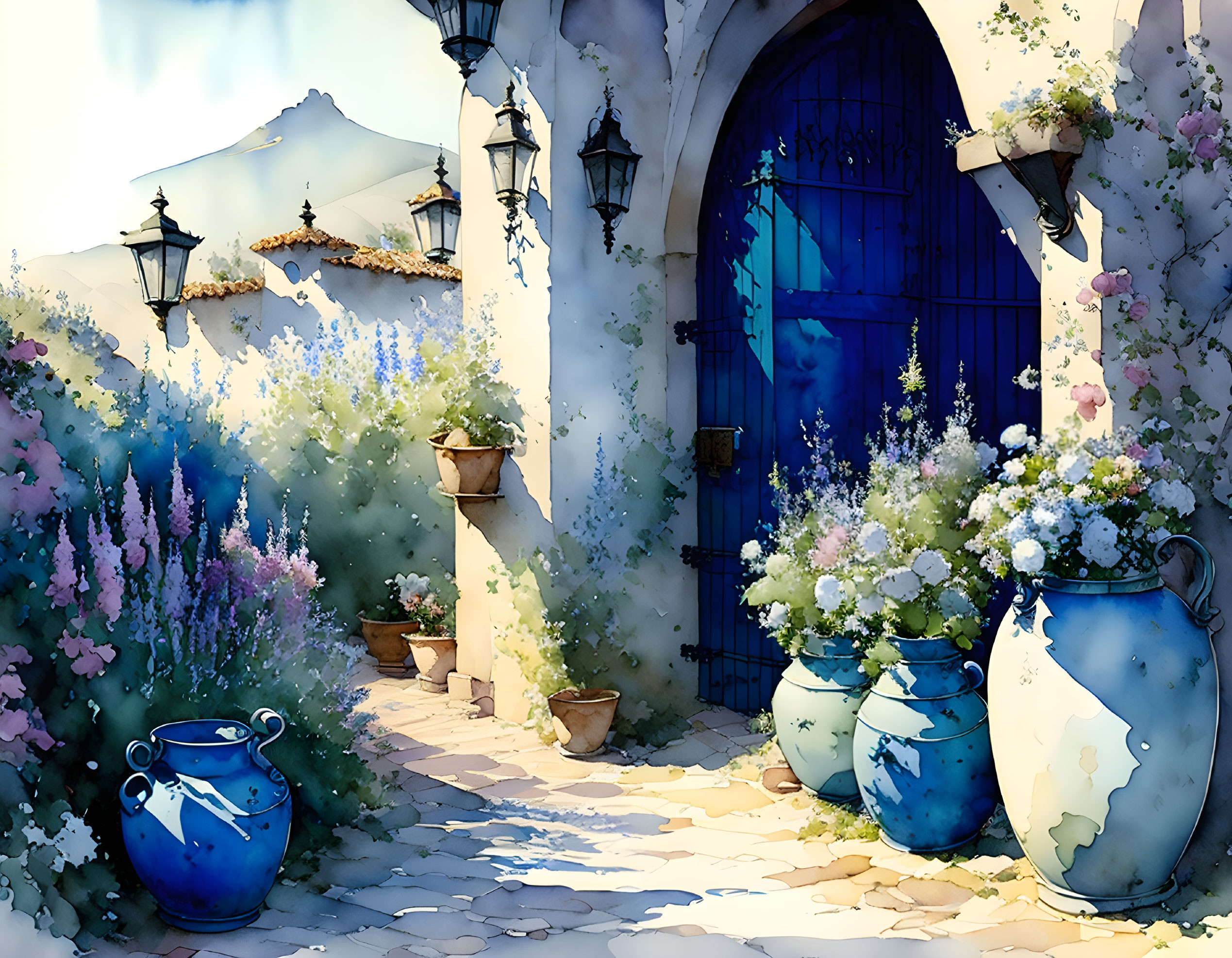 Cobblestone Path with Flower Pots and Blue Door in Garden