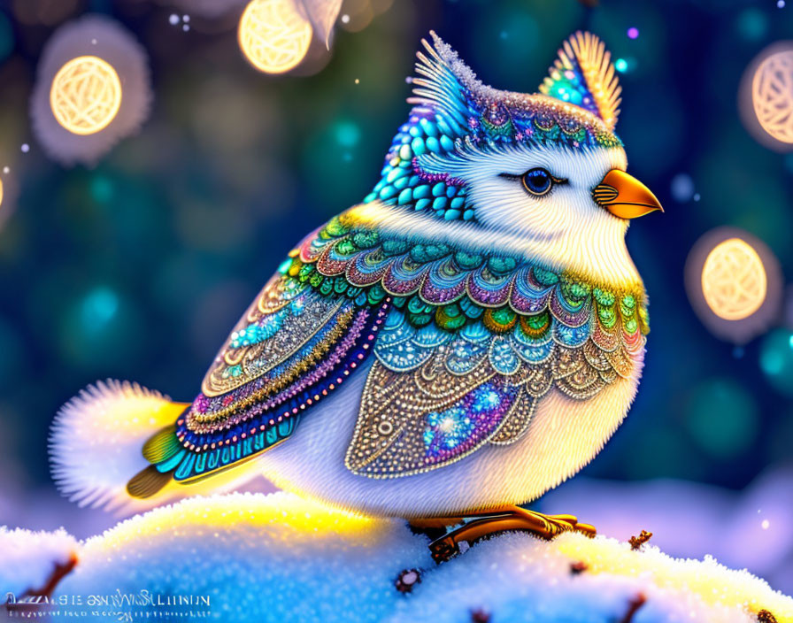 Colorful bird illustration with intricate patterns on snowy branch in bokeh light.