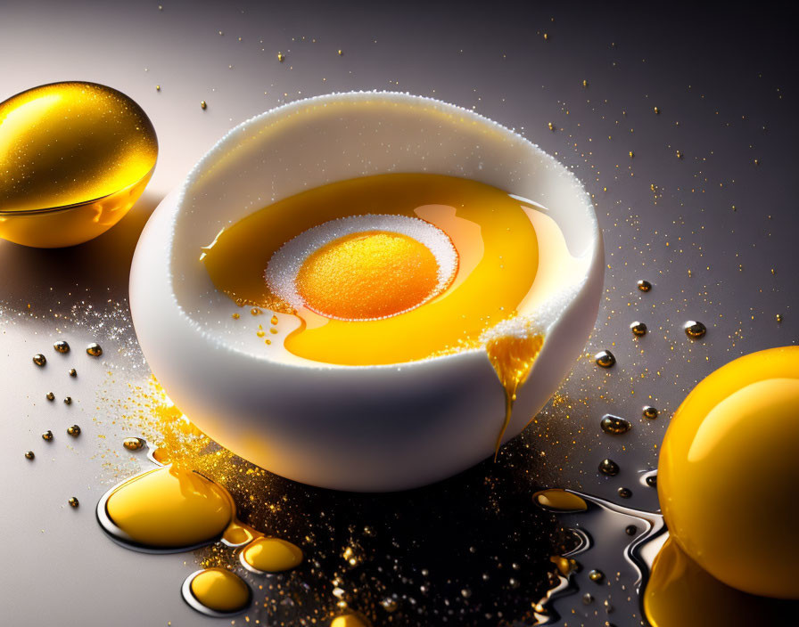 Hyper-realistic digital art: White bowl with egg yolk, golden droplets, spheres on dark