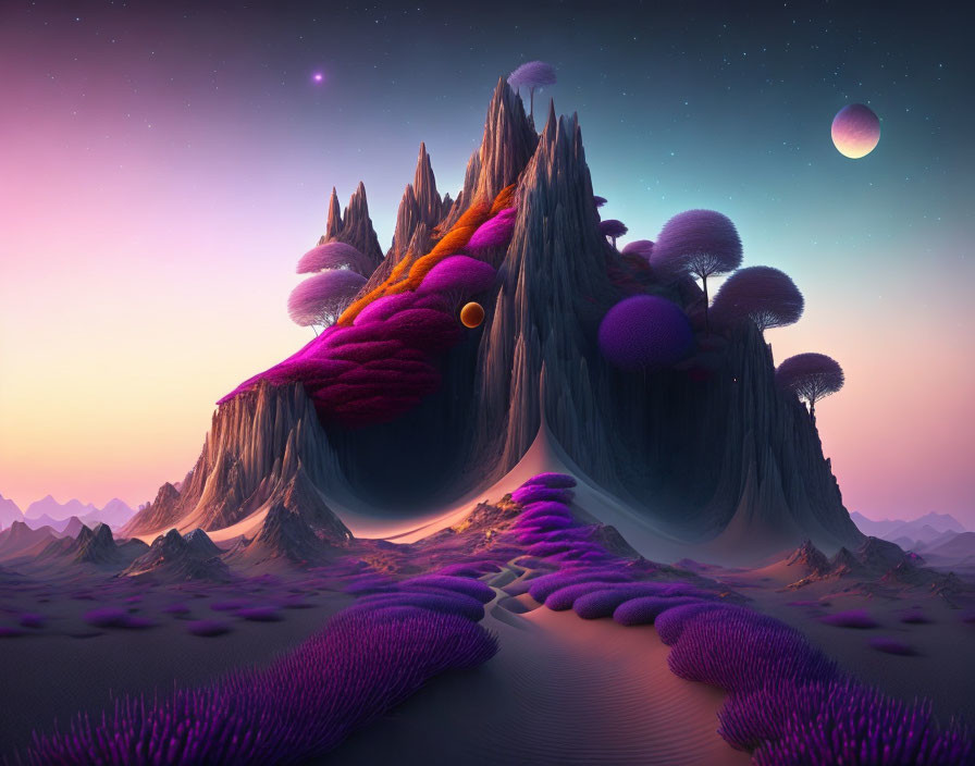 Surreal landscape: vibrant purple foliage, alien mountains, starry sky.