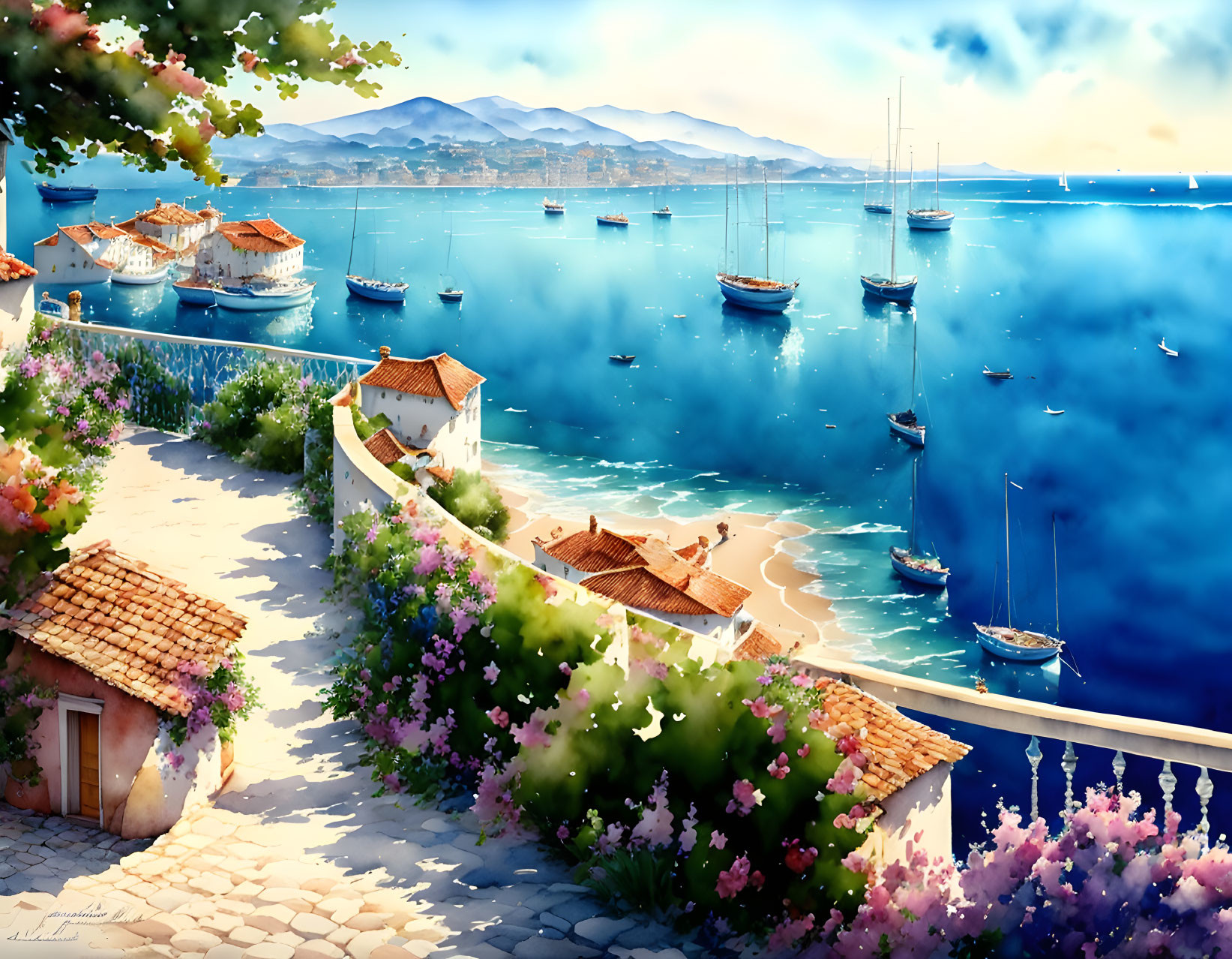 Coastal Scene: White Houses, Red Roofs, Flower-lined Path, Sailboats on Blue