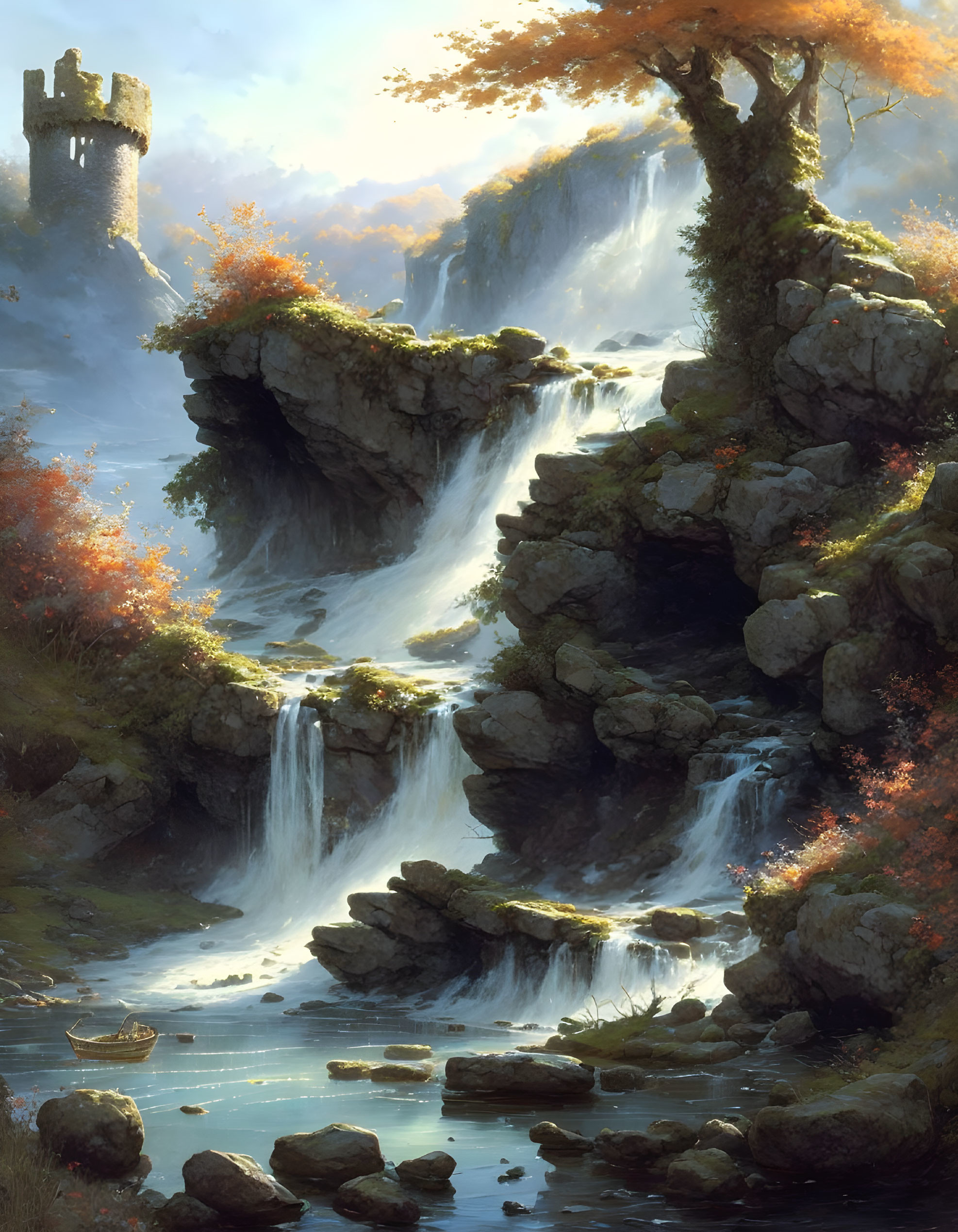 Tranquil fantasy landscape with waterfall, tower, trees, and boat