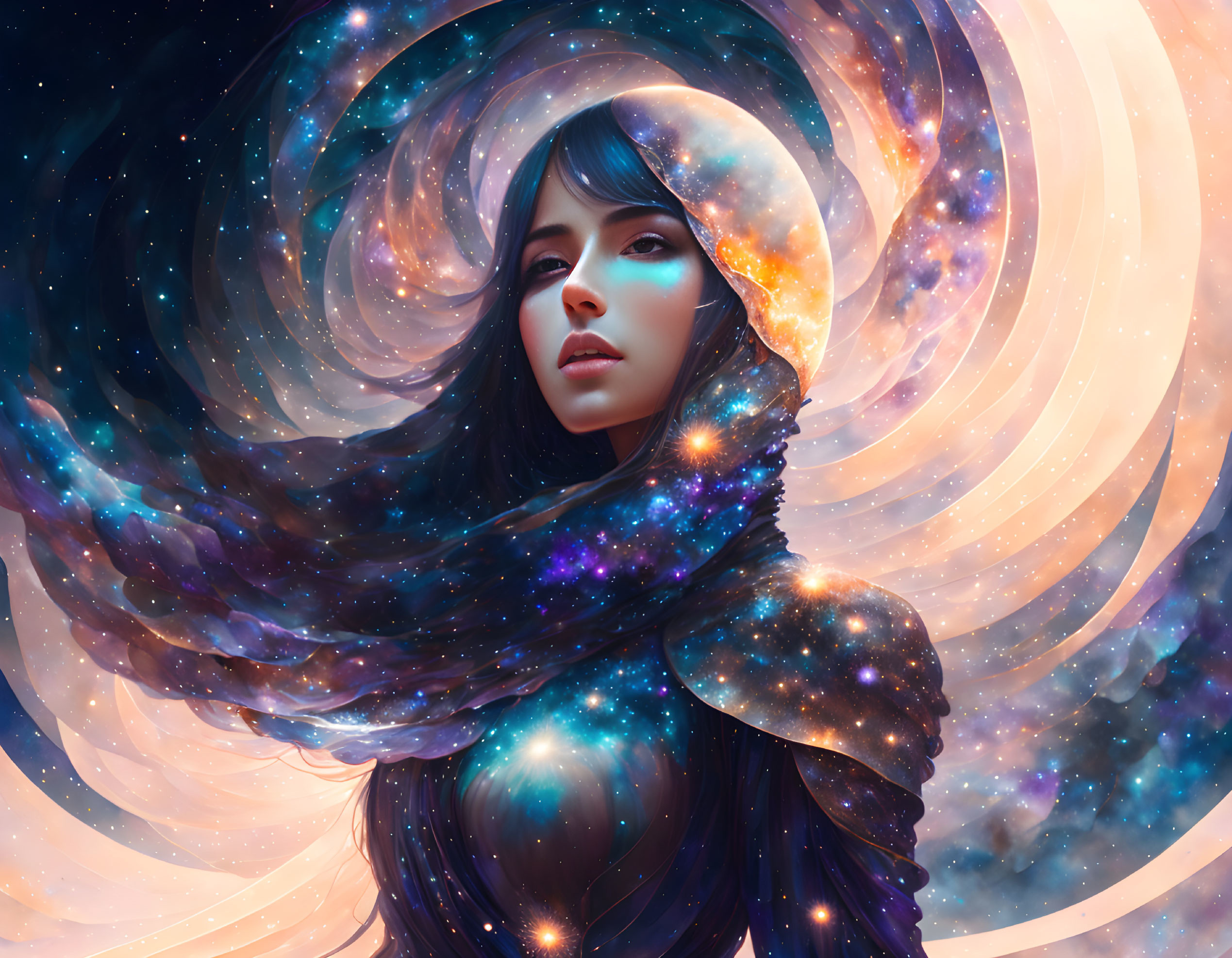 Digital artwork: Woman with cosmic-themed cloak and crescent moon on starry night sky background