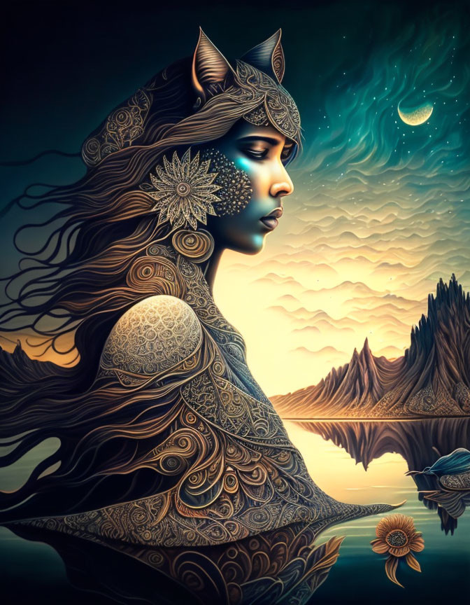 Detailed portrait of female figure in ornate armor against surreal twilight landscape.