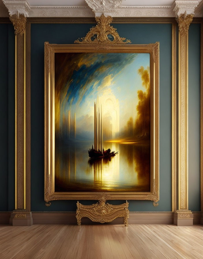 Golden-framed surreal landscape painting in elegant room