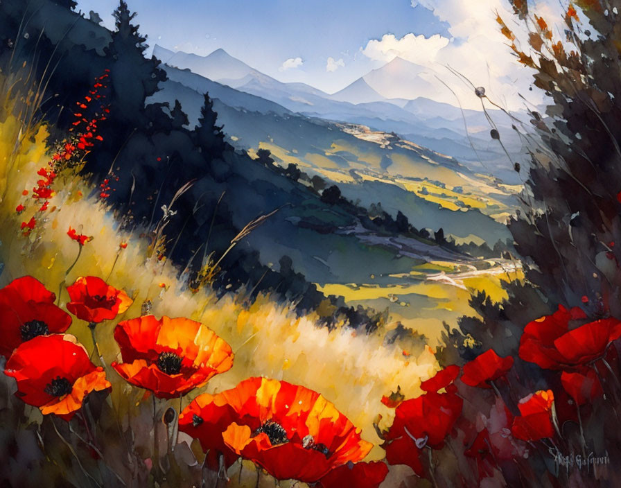 Colorful Watercolor Landscape: Red Poppies, Hills, Mountains