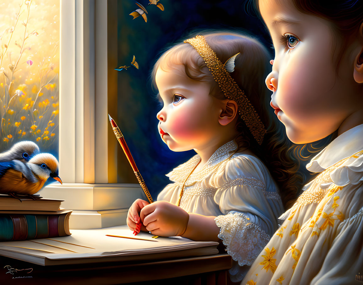 Children looking out window with bird, books, butterflies, and pencil