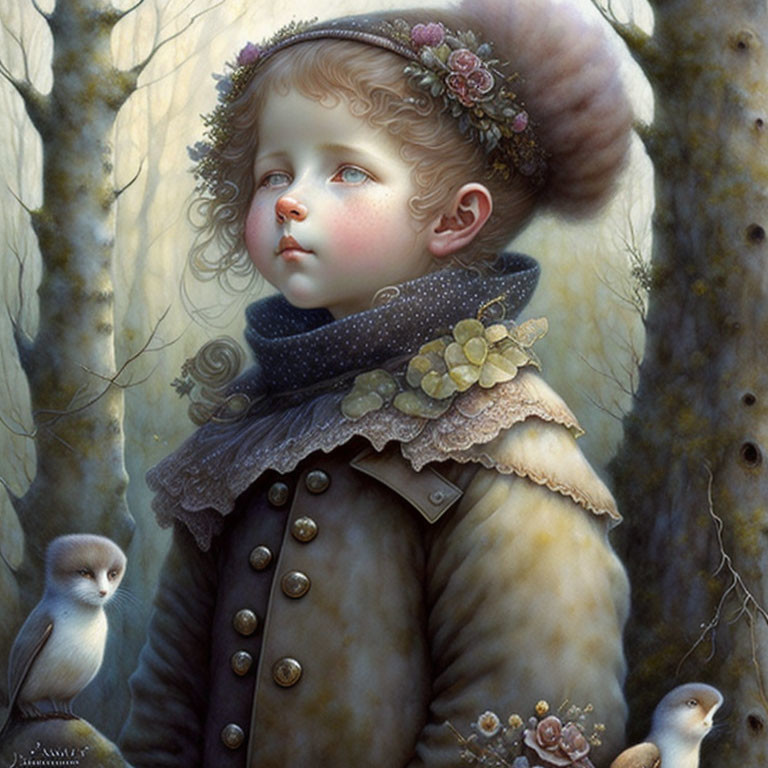 Young girl in vintage attire with fur trim in mystical forest with owls