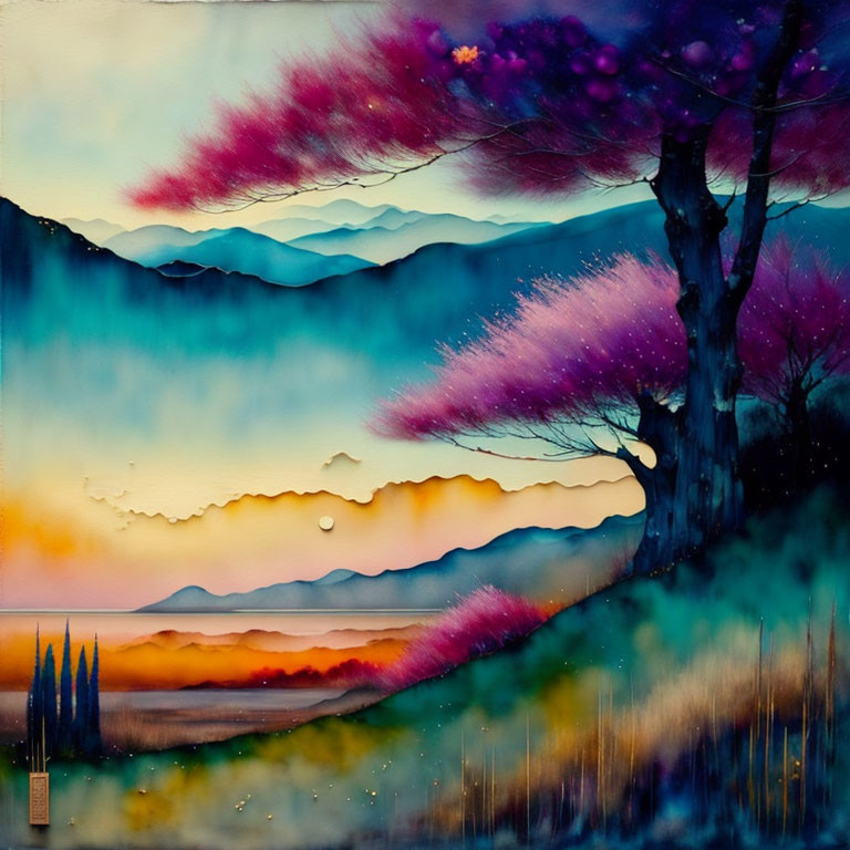 Colorful surreal landscape with mountains, tree, and beach at sunset