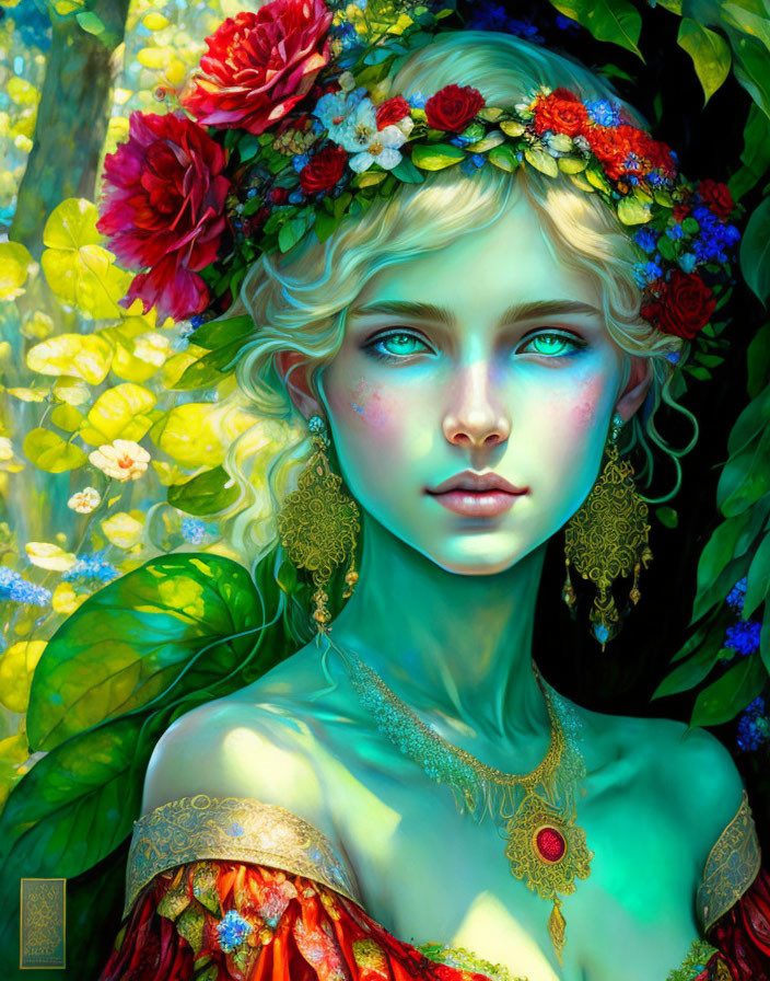 Fantastical female figure portrait with blue eyes and floral wreath in wavy hair against vibrant floral