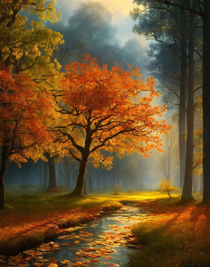 Tranquil autumn forest with golden foliage and gentle stream