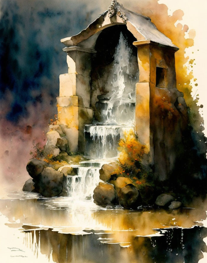 Enchanting watercolor painting of rustic stone fountain