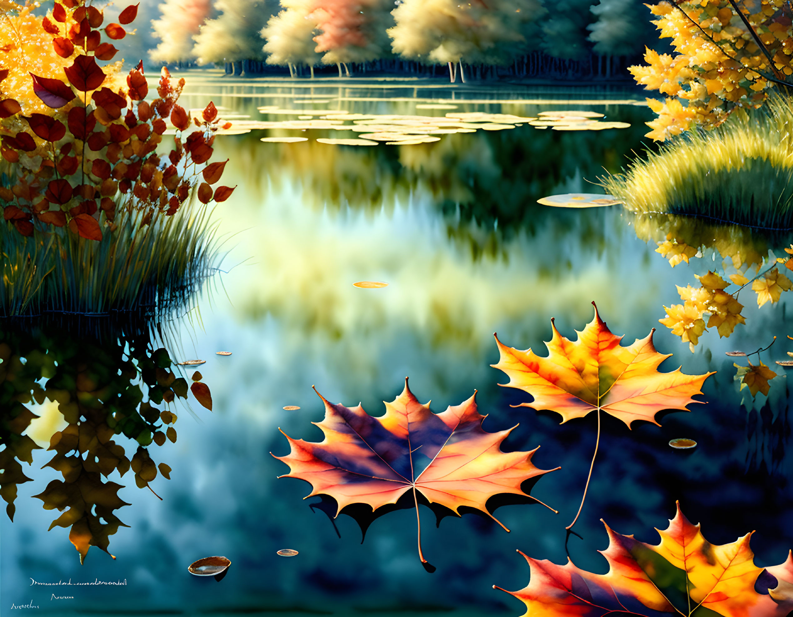 Tranquil forest pond with colorful autumn leaves