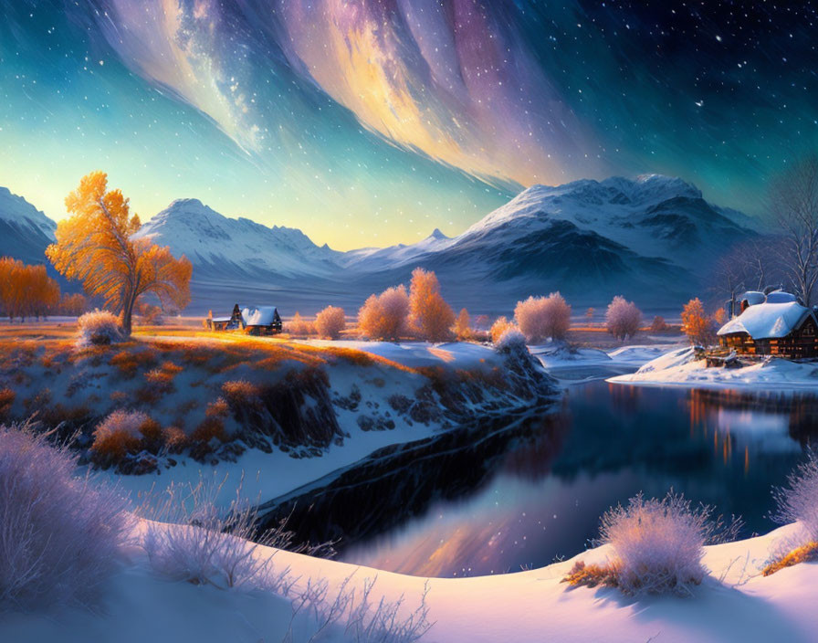 Winter Dusk Scene: Snowy Landscape with Auroras, Lake, and Cozy Houses