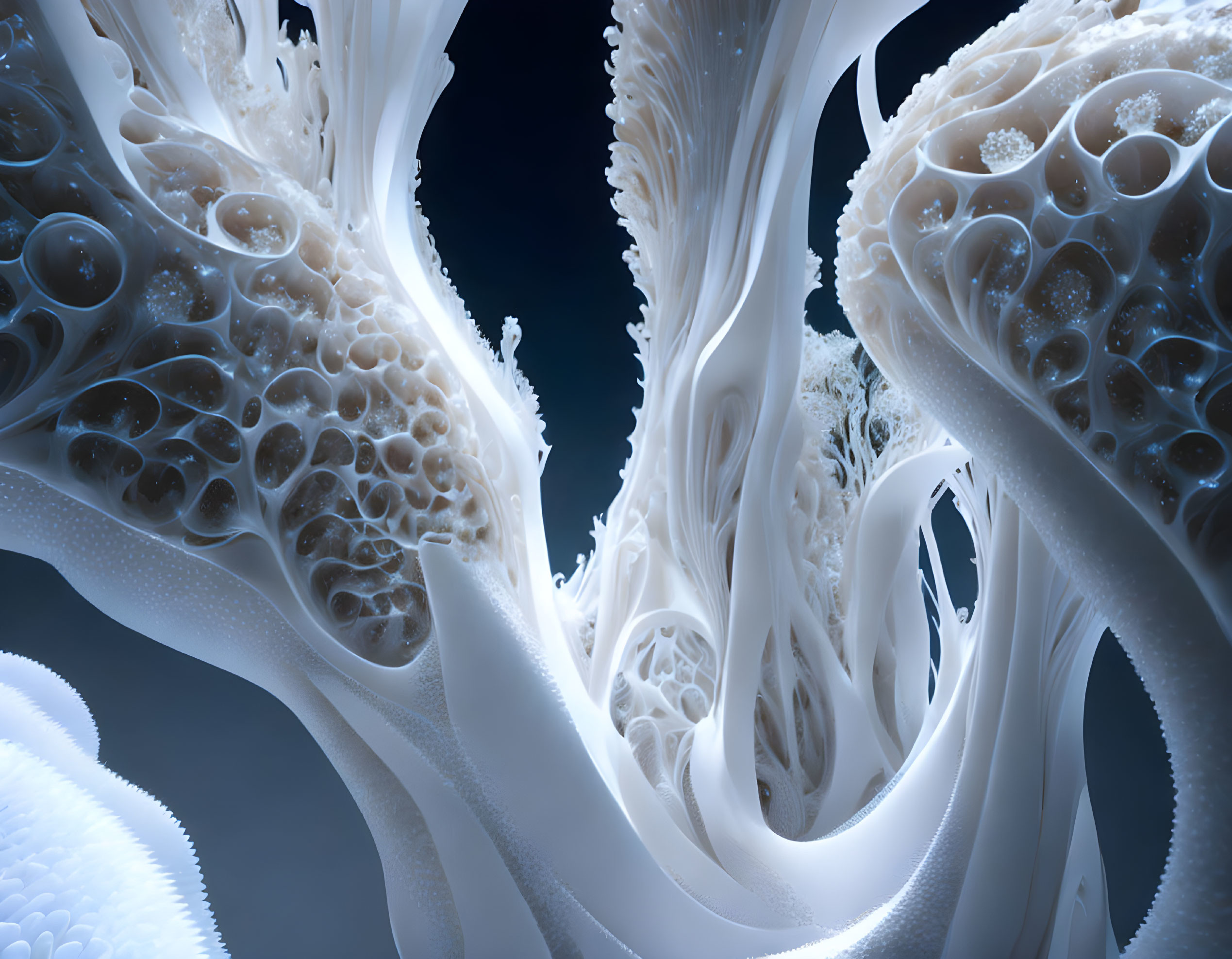 Abstract white bone-like structures on dark blue background: Organic growth.