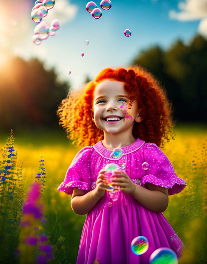 Curly Red-Haired Girl in Pink Dress Surrounded by Bubbles in Sunny Meadow