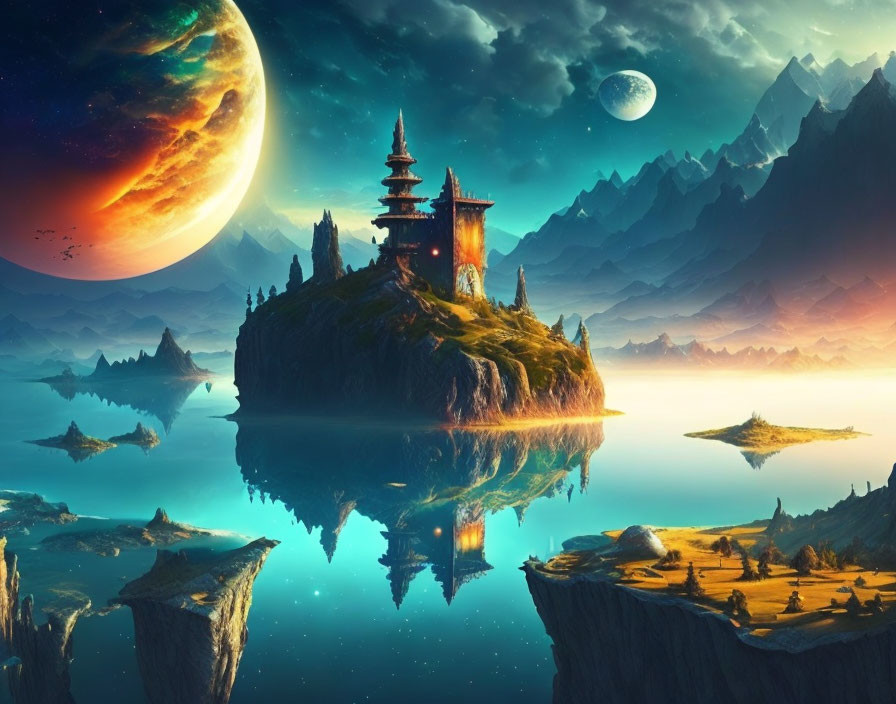 Fantastical landscape with floating islands, serene lake, grand temple, celestial bodies