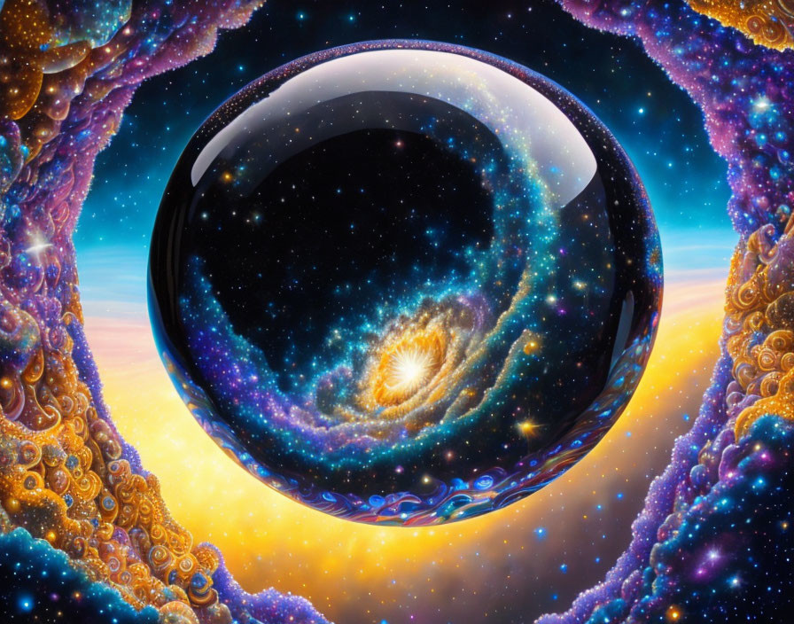 Colorful Spiral Galaxy Reflecting in Large Sphere Among Fractal Patterns