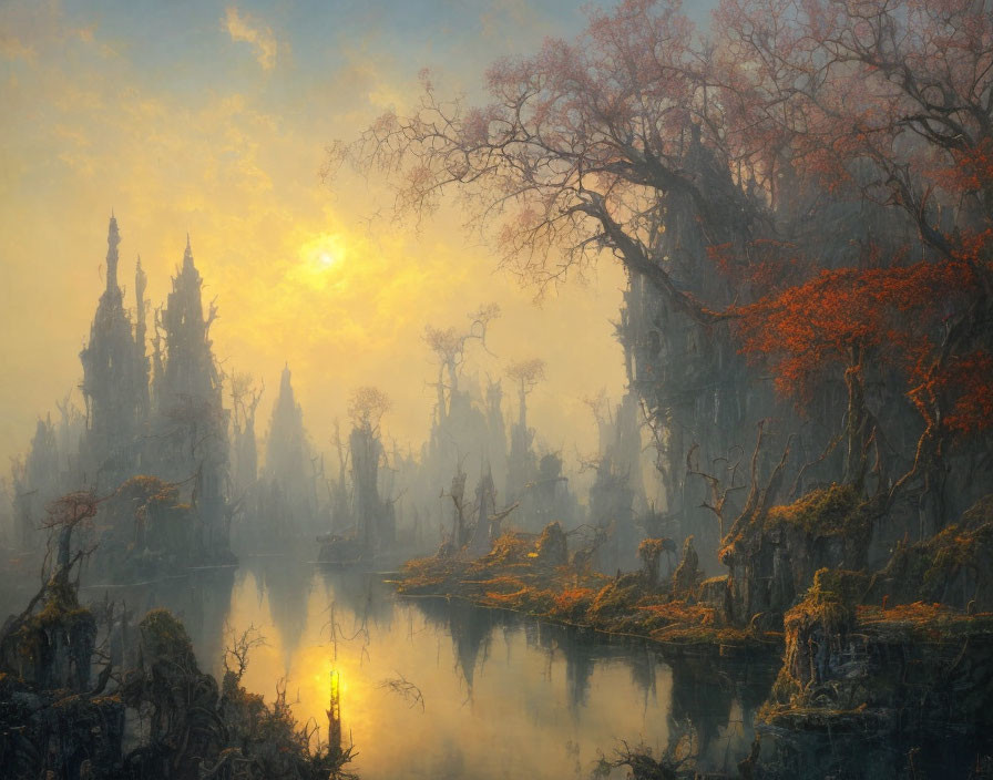 Ethereal autumnal landscape with sunlight, fog, gothic spires, and tranquil waters