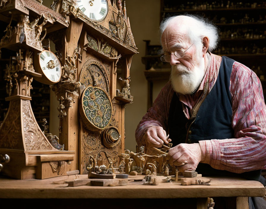 Elderly man with white beard repairing clocks at workbench