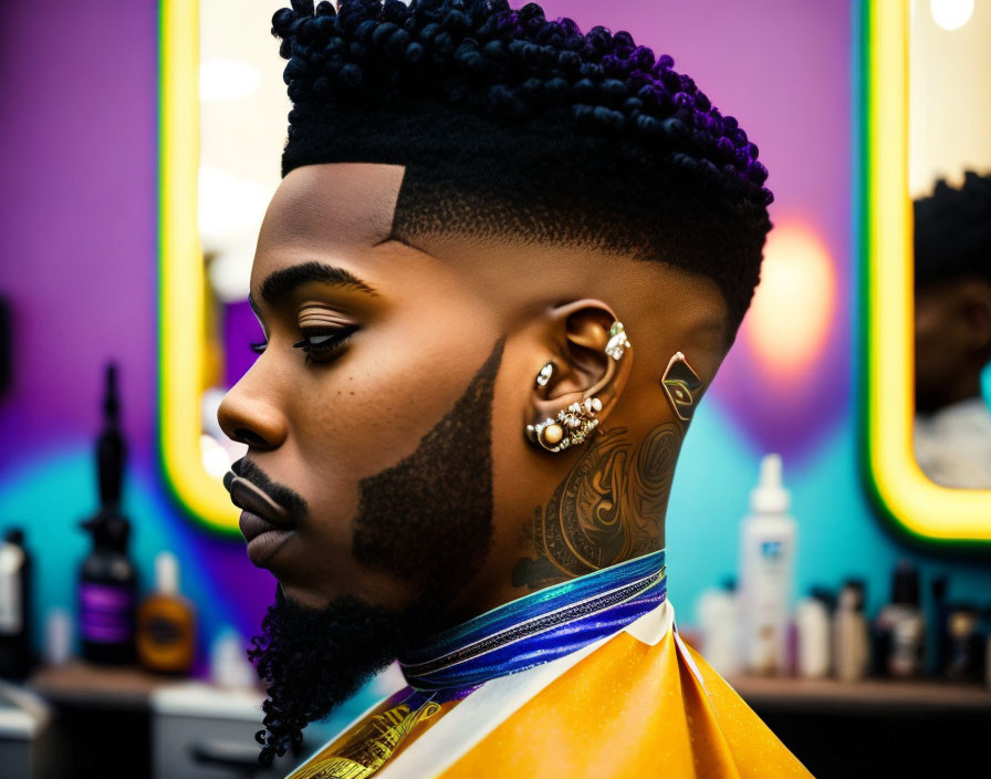 Man with high-top fade, beard, and ear piercings in profile view at barber shop