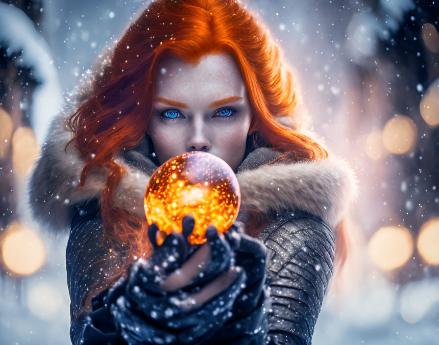 Red-haired woman with blue eyes holding glowing orb in snowy scenery