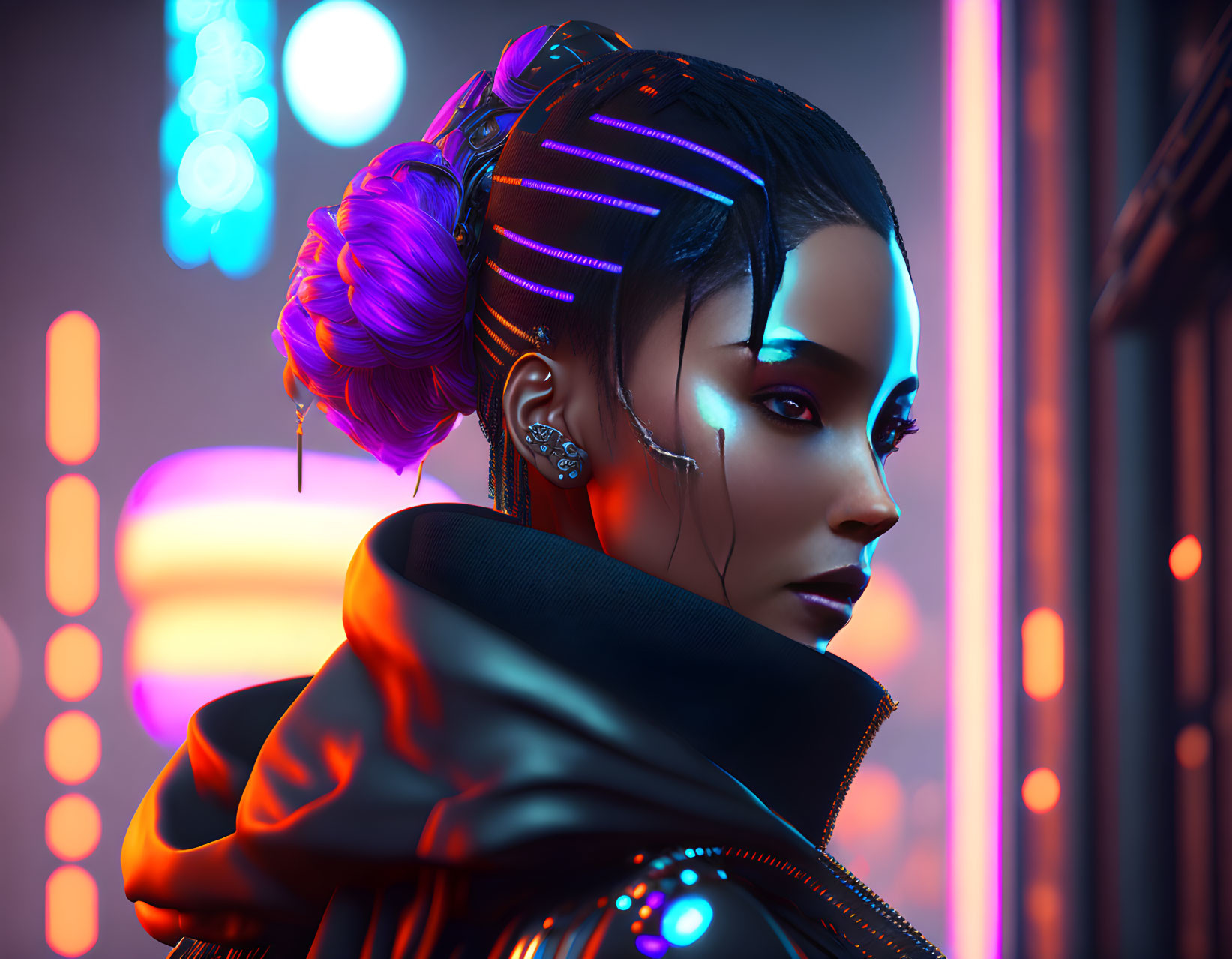 Futuristic woman with glowing hair decorations in neon-lit urban setting