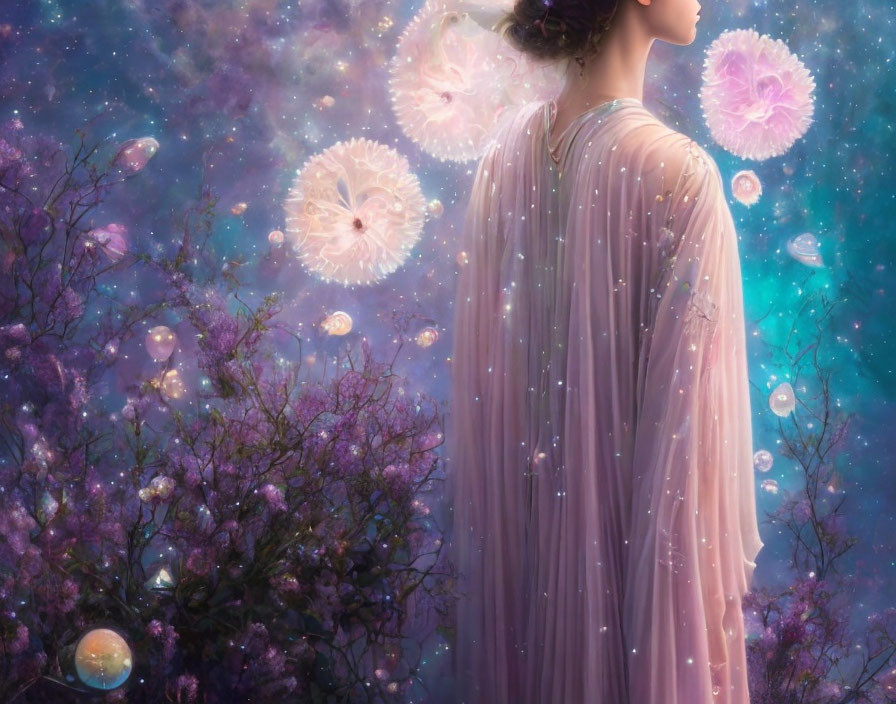 Person in flowing gown surrounded by glowing jellyfish-like entities in celestial setting