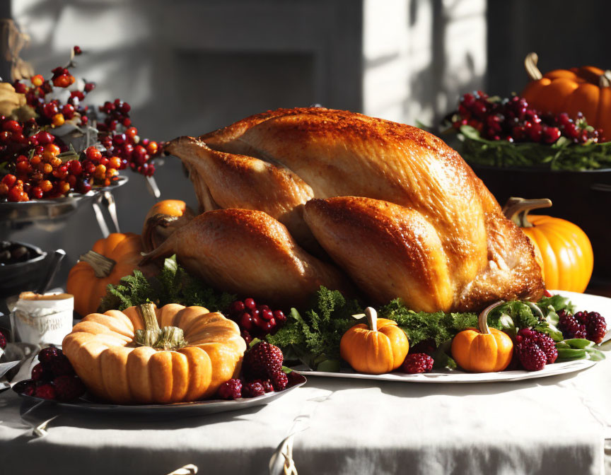 Festive autumn table with roasted turkey, pumpkins, berries, and greenery