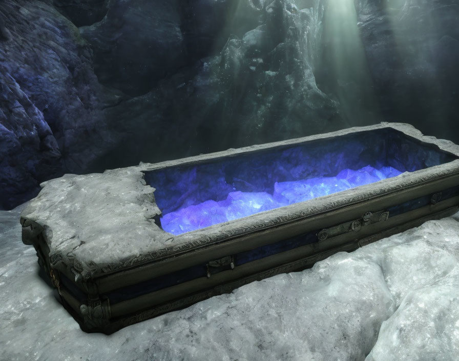 Ancient stone sarcophagus emitting blue light in misty cave