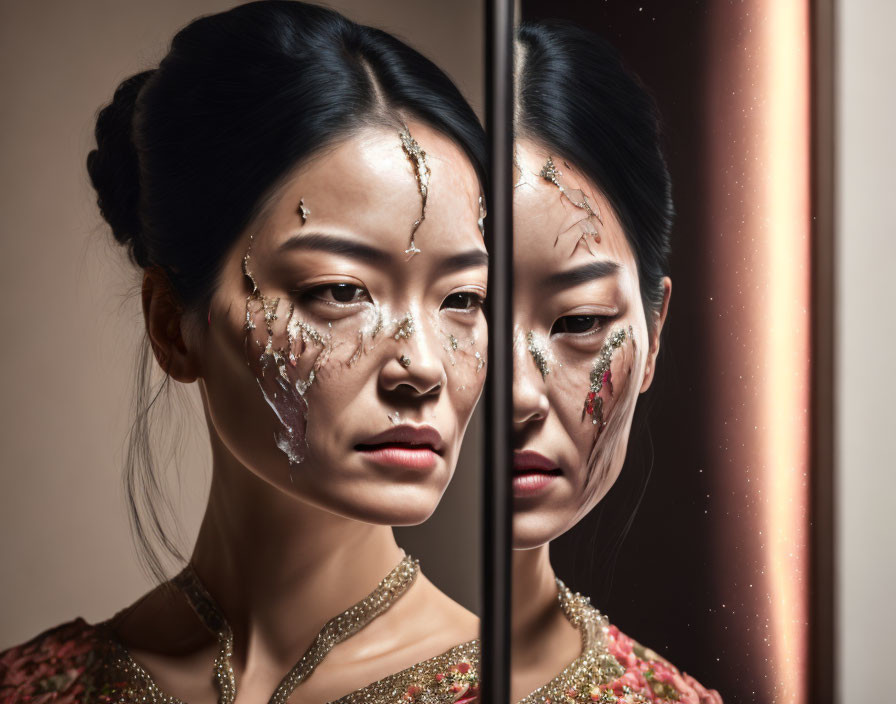 Artistic makeup creates cracked illusion in mirror